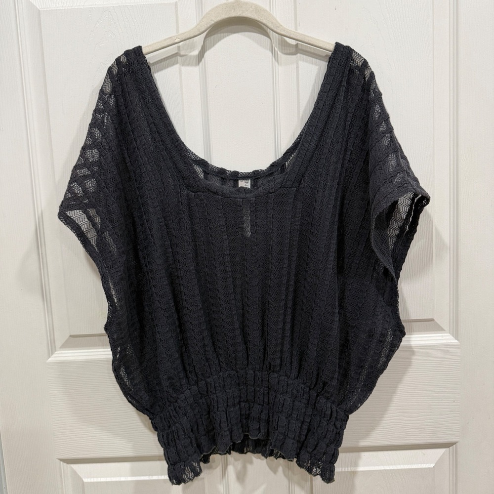 Free People New Romantics Sheer Lace Dolman Smocked Top Dark Gray Medium